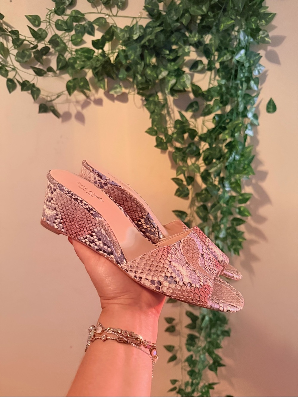 kate spade Pink Snake-Print Wedge Mules